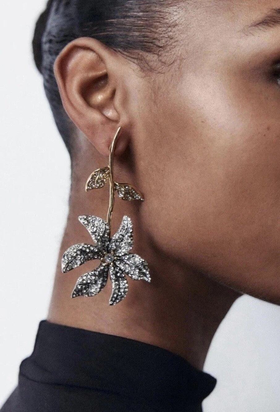 Zara Flower Earrings CZ Gold Silver Crystal Gemstone Boho Stud Statement Leaf